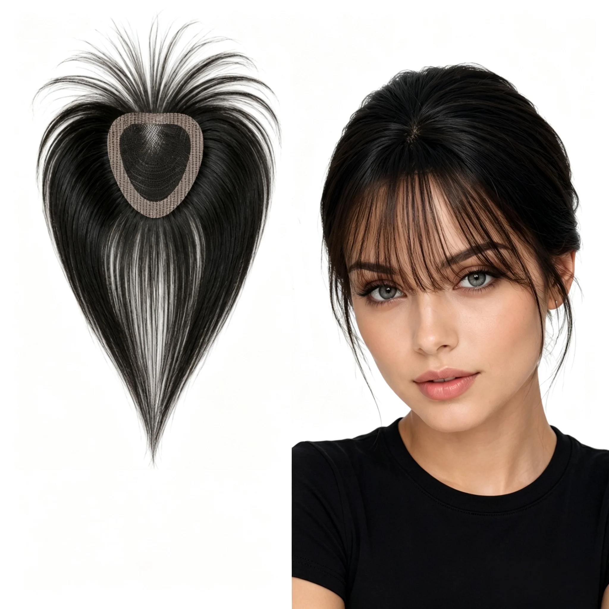 Upgraded Magic Paste Hook & Loop Hair Topper for Women No Clips Needed Bangs Hair Coverage Patch 100% Human Hair Add Volume