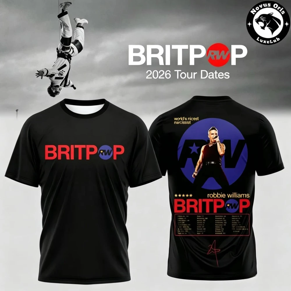 Robbie Williams Dual Sided Britpop Tour Date List Tee Shirt Portrait Graphic Loose Pop Fan Daily Casual Street Outfit
