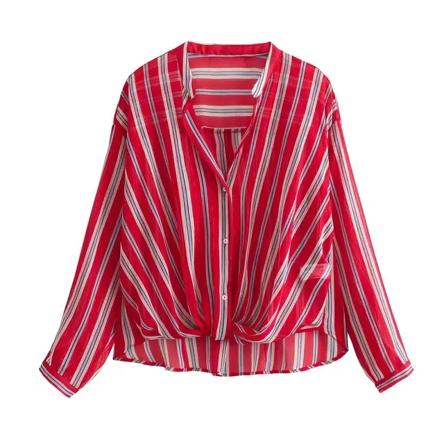 

New Women New Chic Vintage Striped V Neck Long Sleeve Shirts Woman Casual Street Semi Sheer Chiffon Single Breasted Blouses