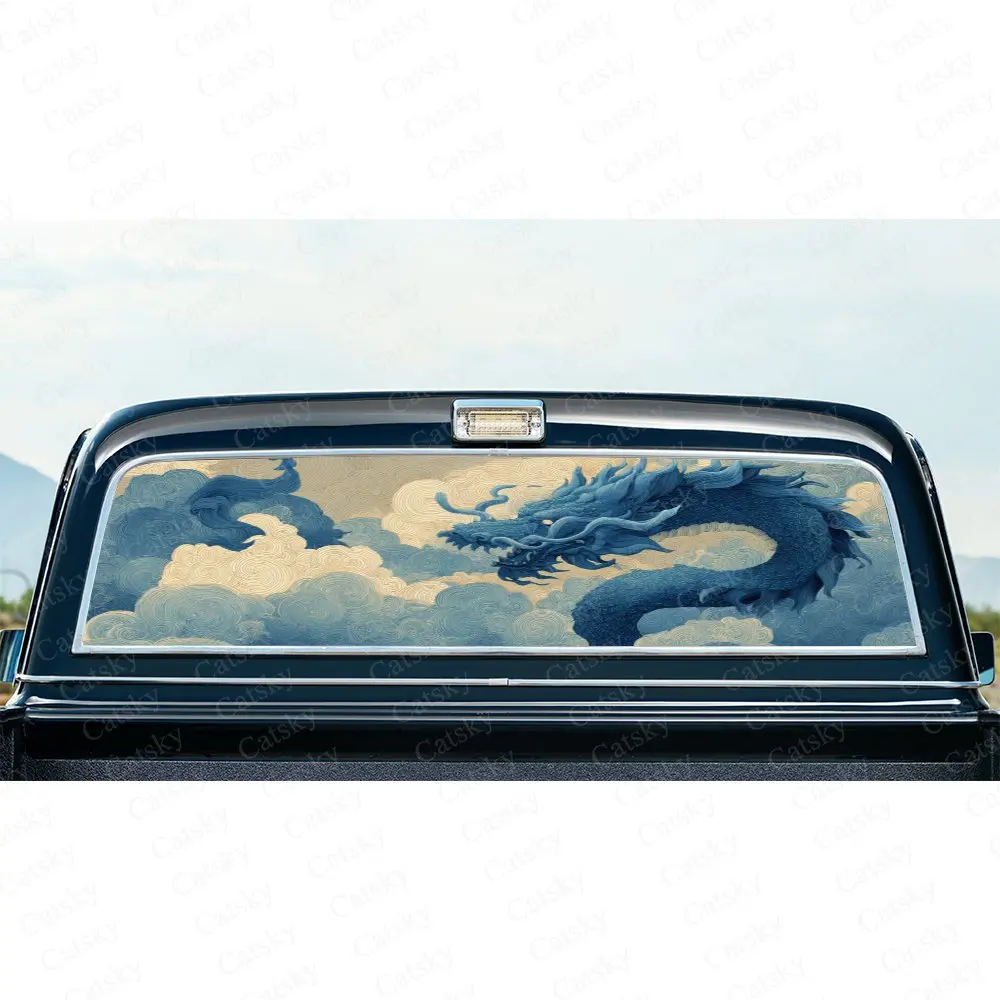 

Sky Hovering Blue Dragon Pattern PVC Perforated Car Vinyl Wraps, Durable Car Rear Windshield Sticker, Waterproof Car Rear Window