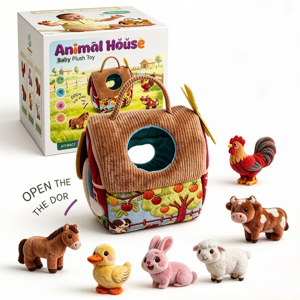 

7Pcs Cute Farm Shape Sorter House, plush storage dolls, fine motor soothing educational toy for infant early learning gifts