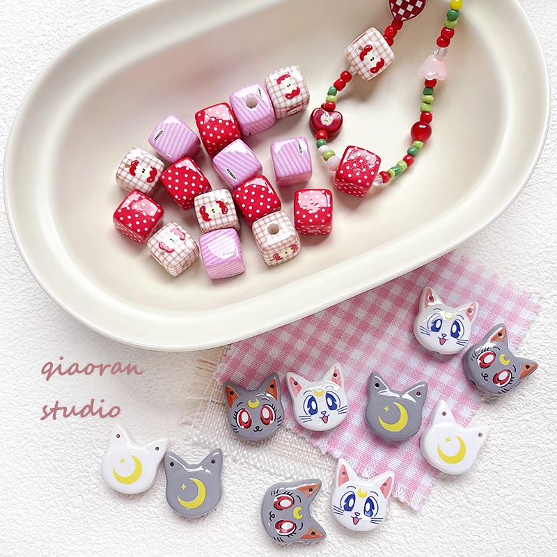 

10pcs Cat Double-sided Apple Red Polka Dot Acrylic Square Diy Handmade Chain Through The Hole Bead Accessories