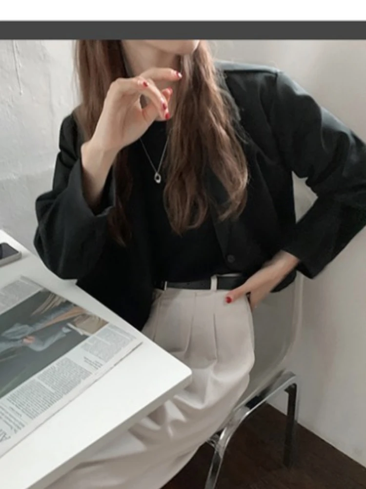 Short Coat Outerwear 2022 Fall Autumn Spring Long Sleeve Chic Korean Fashion Office Lady Women Work Solid Black Crop Blazer