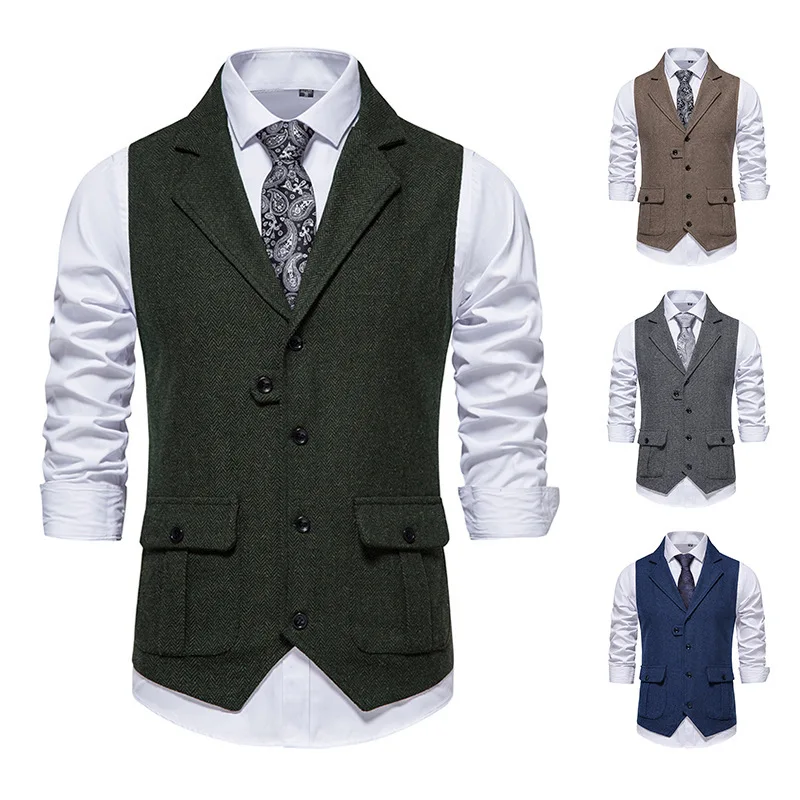 

2024 Spring and Autumn Season New Men's Suit Vest Herringbone Suit Vest Retro Flip Collar Casual Vest for Men