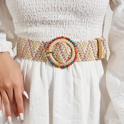 Women Boho Colorful Trendy Straw Belt Trendy Round Buckle Wide Belts Classic Summer Beach Waistband For Women Girls