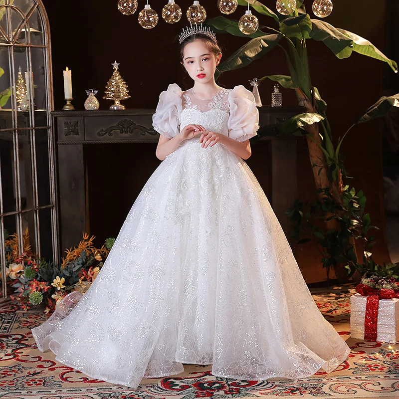 

Floor-length Tail Princess Gown Teenage Girls Evening Formal Party Dress White Ceremony Communion Dresses Flower Girls Tutu Long