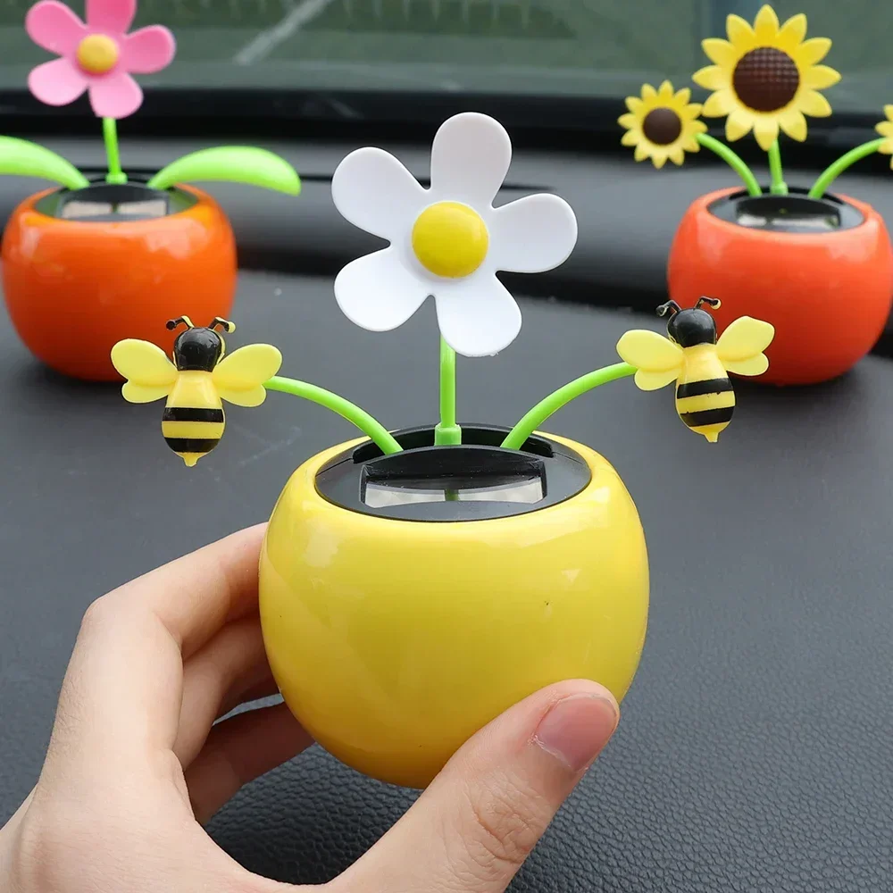 Car Ornament Solar Powered Dancing Shaking Head Cartoon Sun Flower Pot Automobile Auto Dashboard Decoration Cute Car Accessories