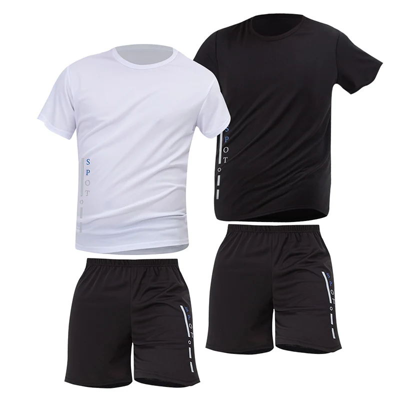 2 قطعة الرجال أبيض وأسود بسيط التجفيف السريع تنفس دعوى الشباب الرياضة قصيرة الأكمام منتصف العمر حجم كبير جوكر السراويل #4