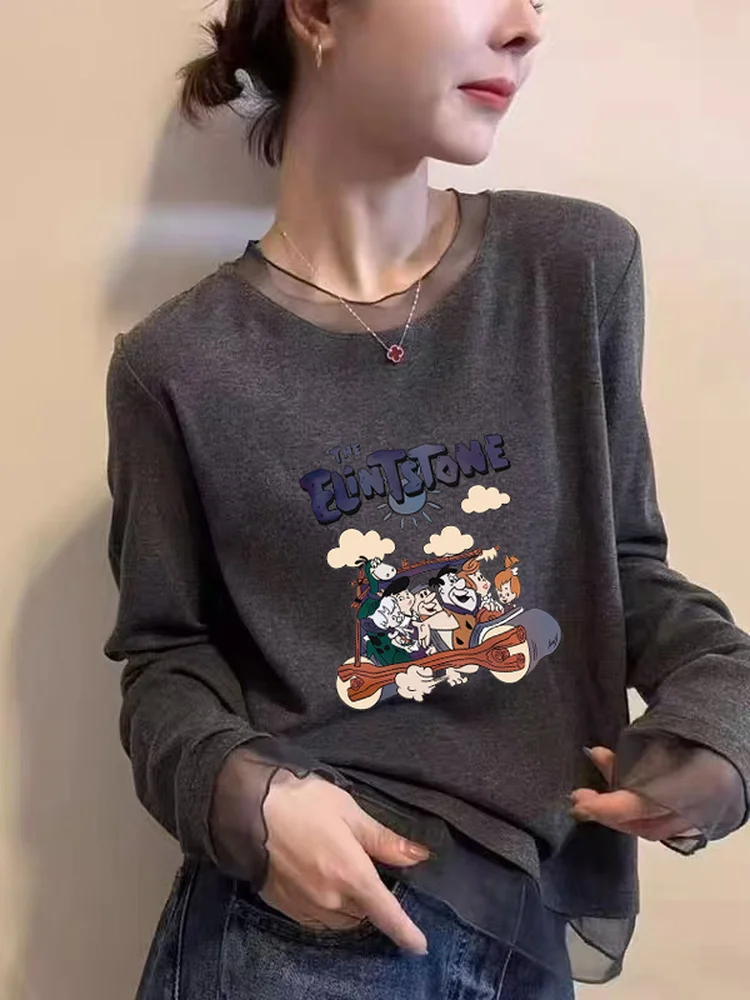 Retro American Lace round Neck Long Sleeve T-Shirt Women's Cartoon Anti-Aging Print Elastic Slimming Autumn Winter Base Shirt