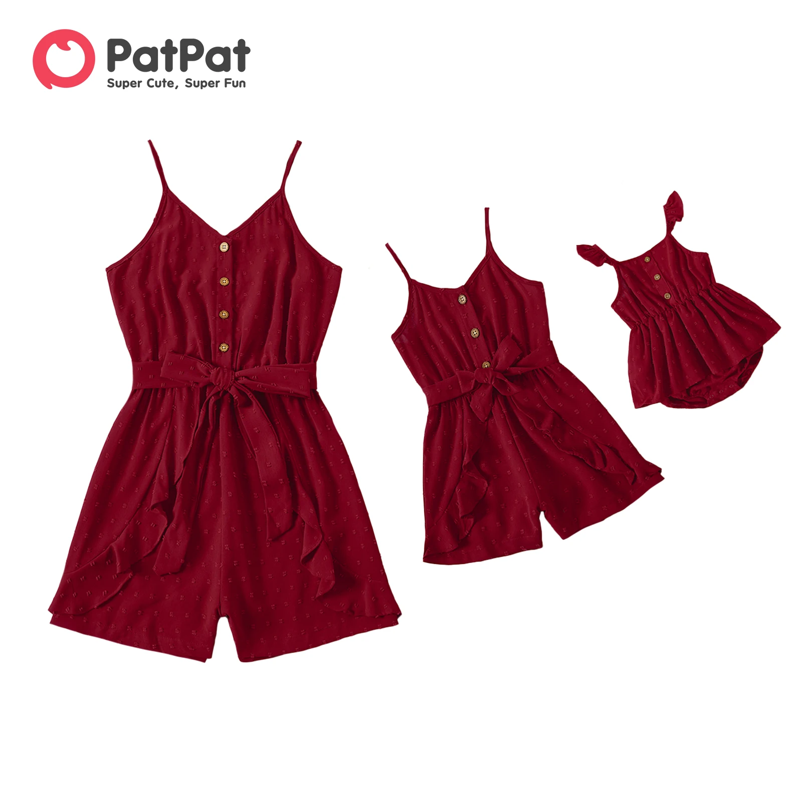 PatPat Mommy and Me Red Swiss Dot Ruffle Trim Belted Cami Rompers