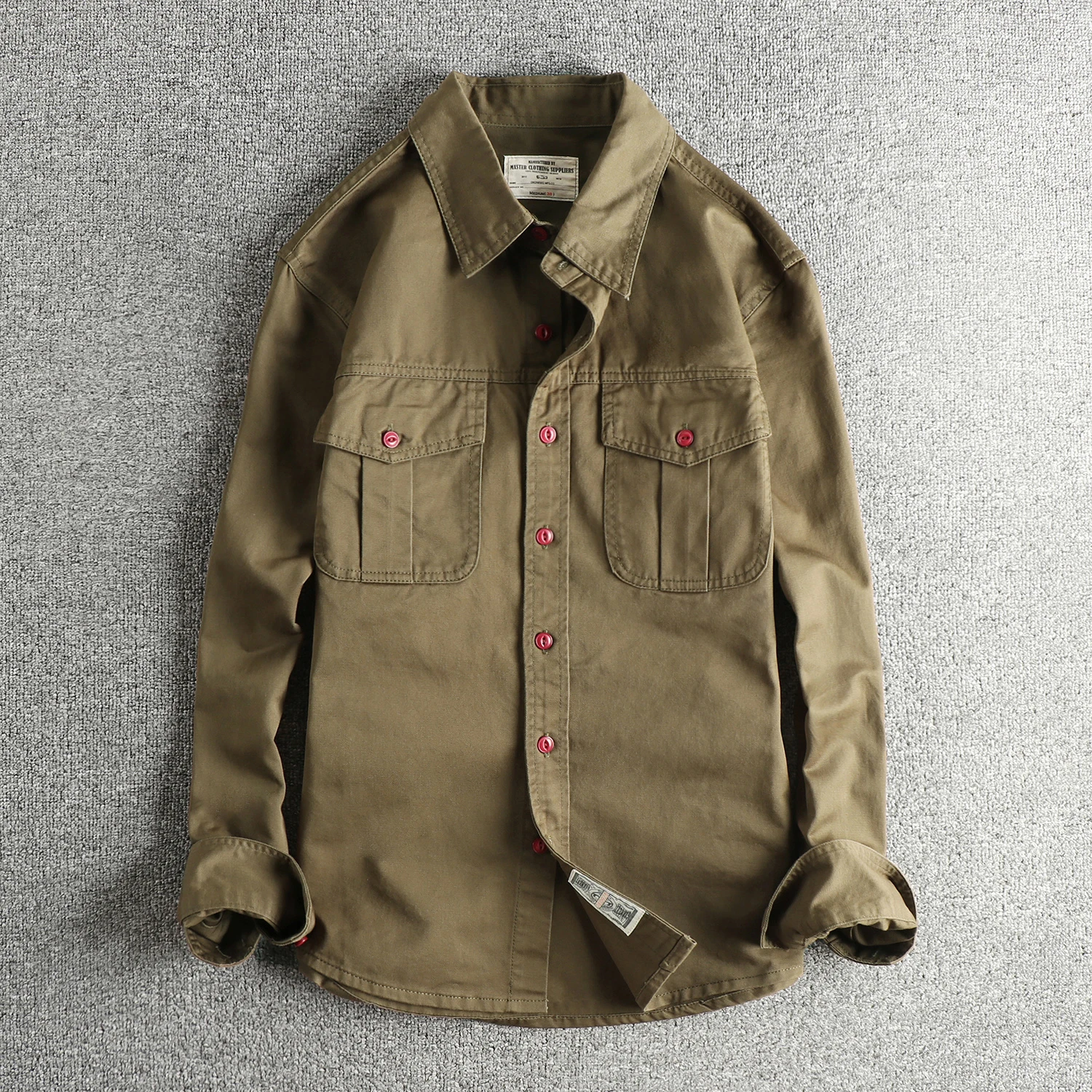 سترة قميص رجالية عصرية للربيع والخريف متعددة الاستخدامات مصنوعة من القماش المنسوج، قميص Amei Kaki القديم بأكمام طويلة