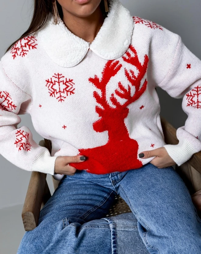 Women's Sweater Autumn Fashion Christmas Reindeer Snowflake Pattern Colorblock Casual Turn-Down Collar Long Sleeve Knit Sweater