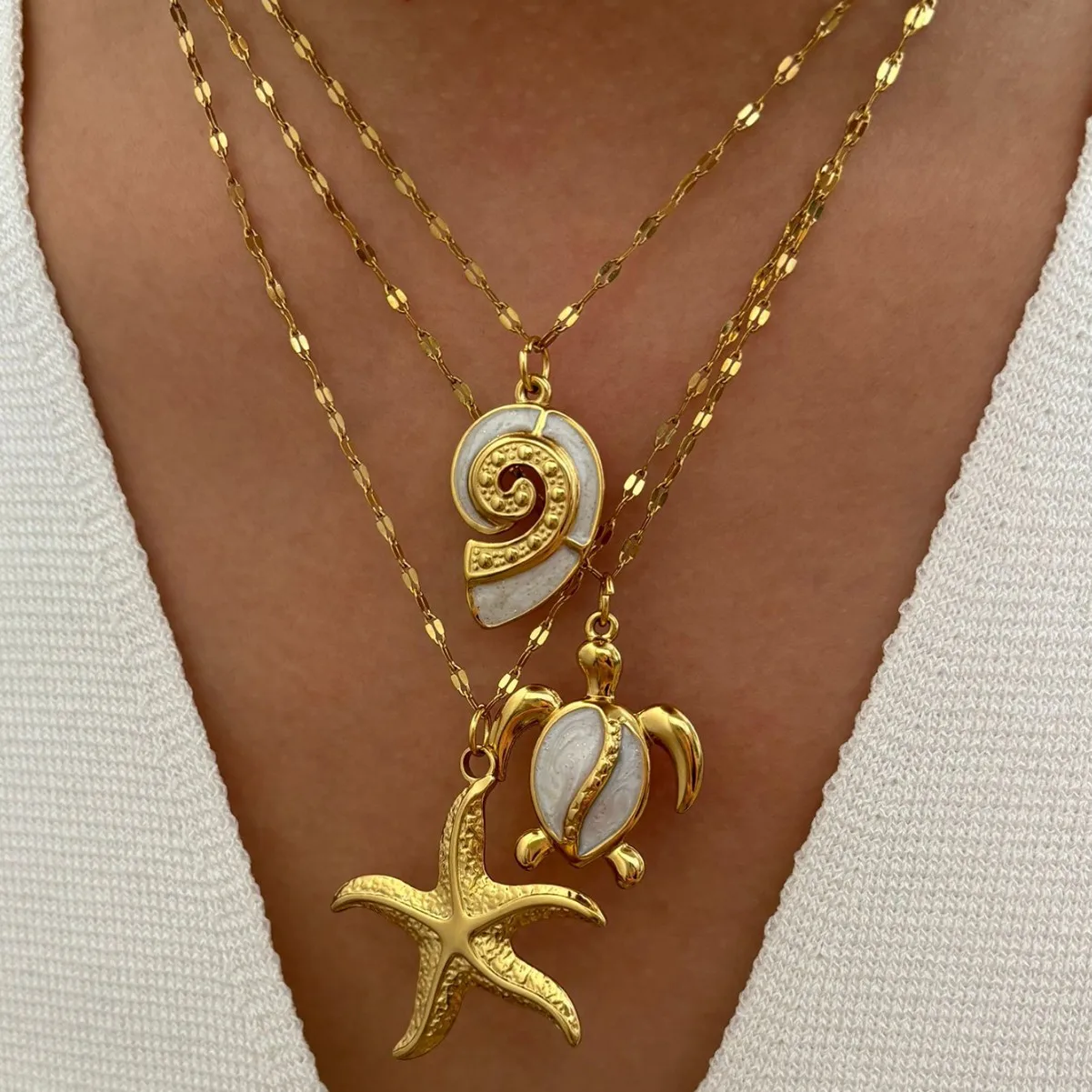 MHS.SUN Starfish Shell Conch Pendant Necklaces For Women Men Stainless Steel Trendy Chain Choker Beach Party Jewelry Summer
