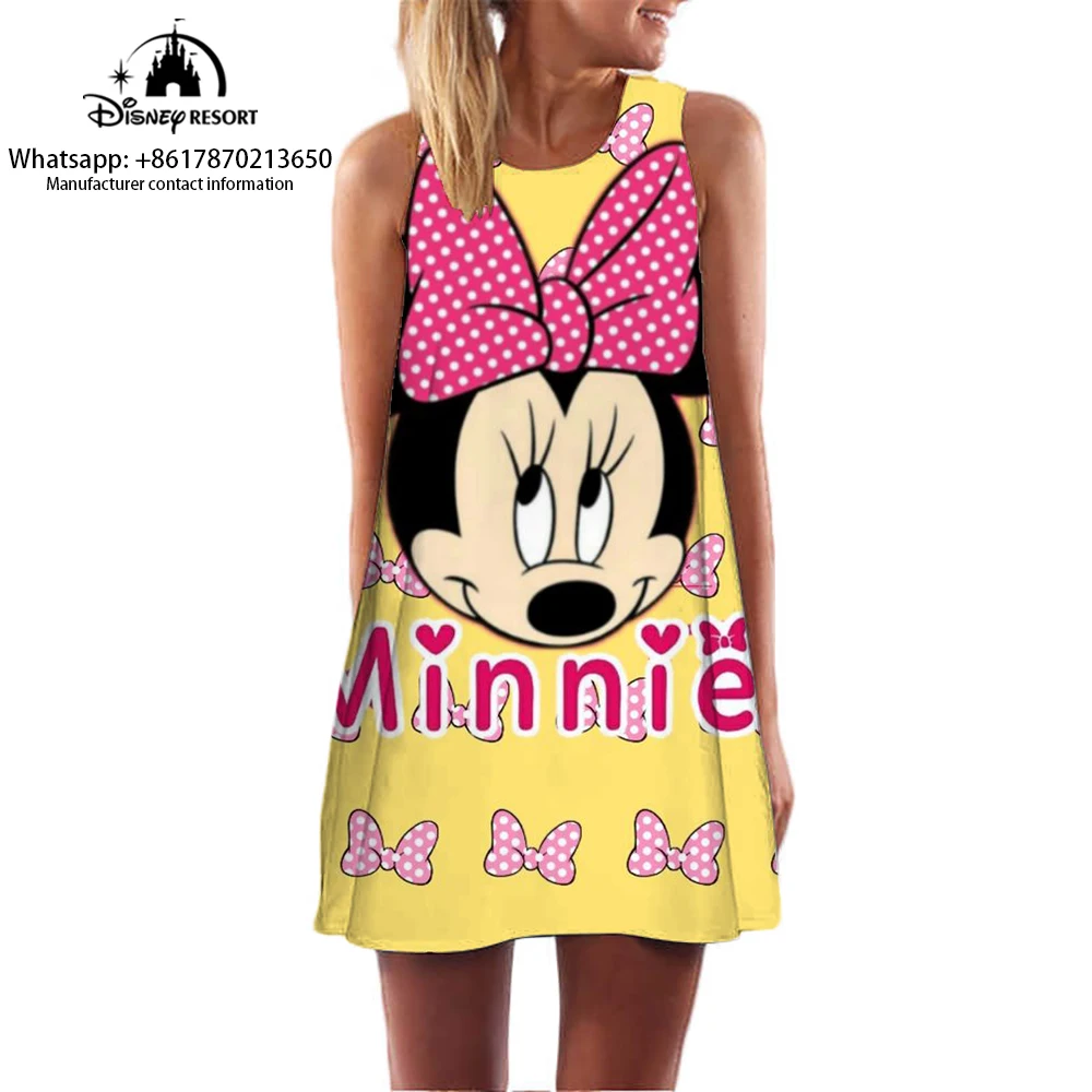 Women\'s Knee-length Dress Mickey Mouse Cartoon Print Summer Home Casual Dress Cute Minnie Pattern Sleeveless Dress