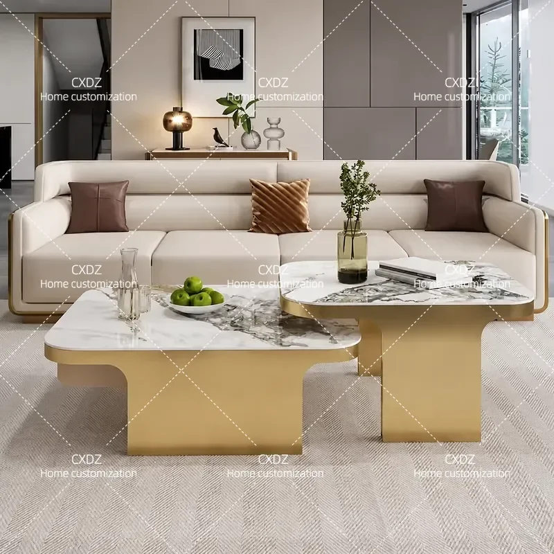 Postmodern Rock Slab Stone Surface Coffee Table Set Stainless Steel Square Side Table Light Luxury Living Room High End
