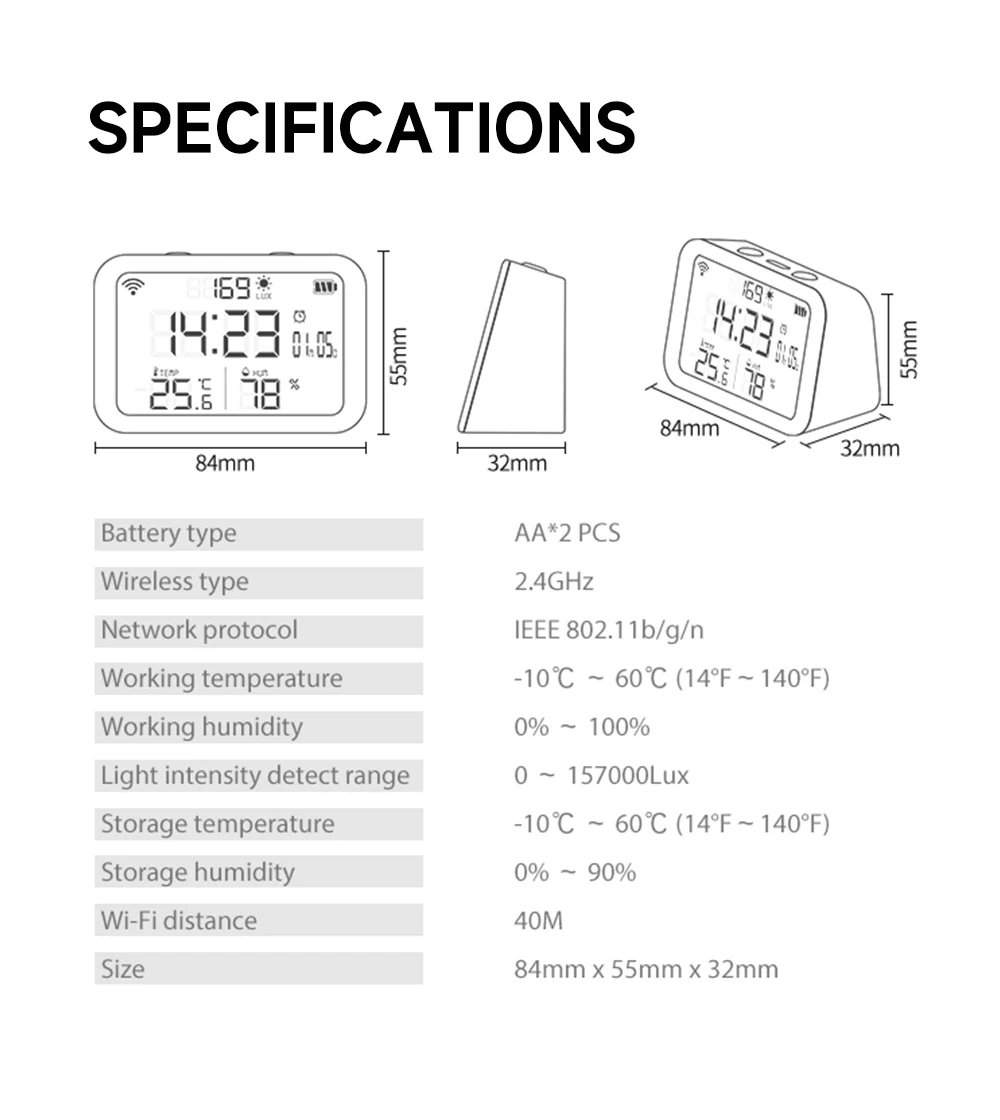 Tuya Smart WiFi 4-IN-1 Temperature Humidity Sensor Light Intensity Detector Time Display Alarm Clock Fit Alexa Google Assistant