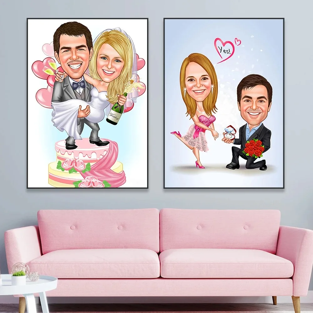 Personalized Married Couple Portrait Poster Cartoon Custom Caricature Print Birthday Wedding Day Gift Decor Bedroom Wall Art