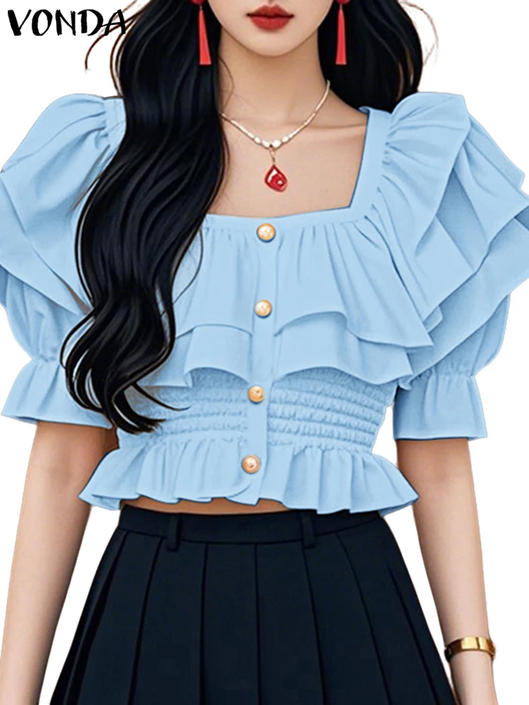 

VONDA 2025 Elegant Women Shirts Summer Casual Solid Color Square Collar Ruffled Tops Waist Blouses Buttons Puff Sleeve Blusas
