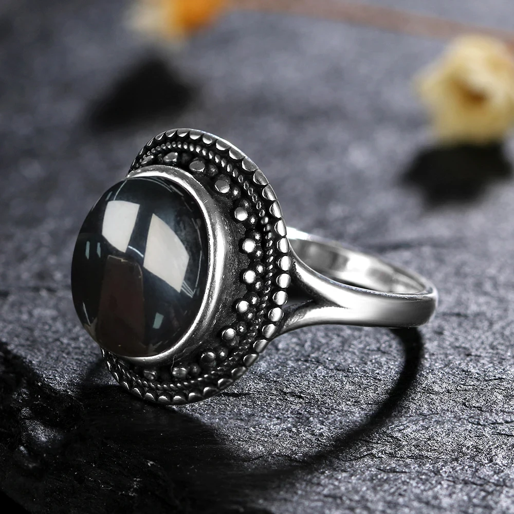 925 Sterling Silver Ring Natural Black Agate Ring Oval Round Retro Jewelry for Women men Gift Sun Shaped Vintage Ring