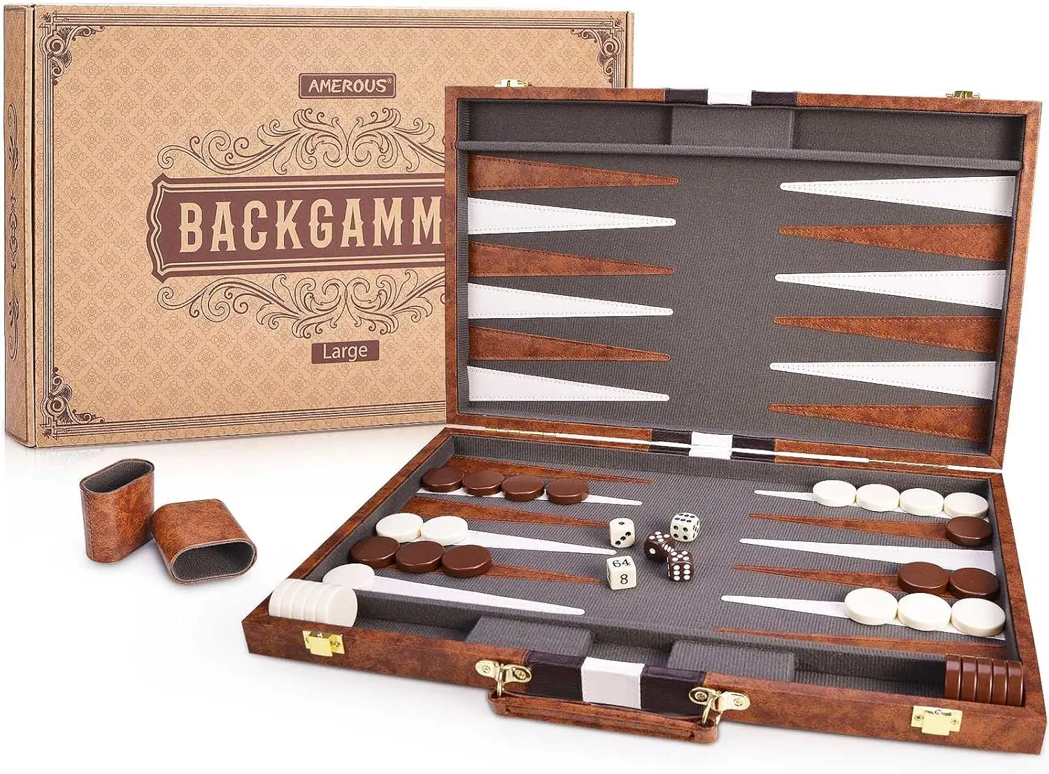 Backgammon Set, 18 Inches Classic Board Game withLeather Case, Folding Board, Gift Package, Portable Travel Strategy Bac