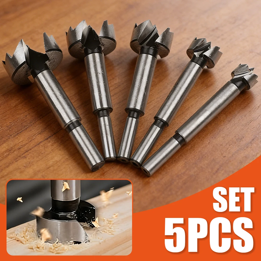 

5 Pcs Forstner Drill Bits, 15-35mm Multi-Tooth Flat Wing Wood Drill, for Solid Wood, Plywood, Cabinet Lock & Hinge Drilling