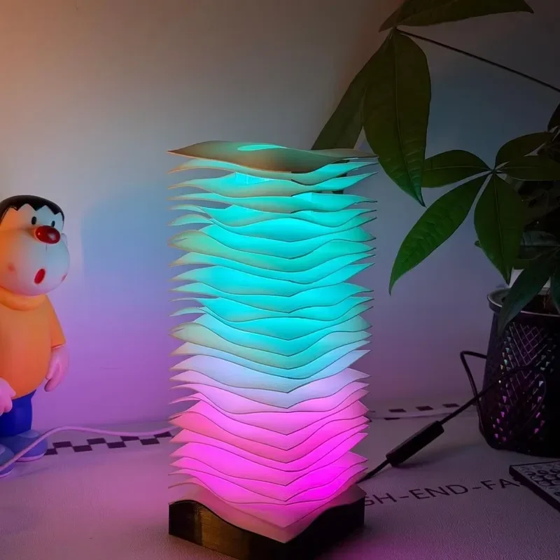3D Printed Resin Wave Night Light RGB Color Changing LED Lamp with Remote Control Multi Mode Decorative Desk Lighting for