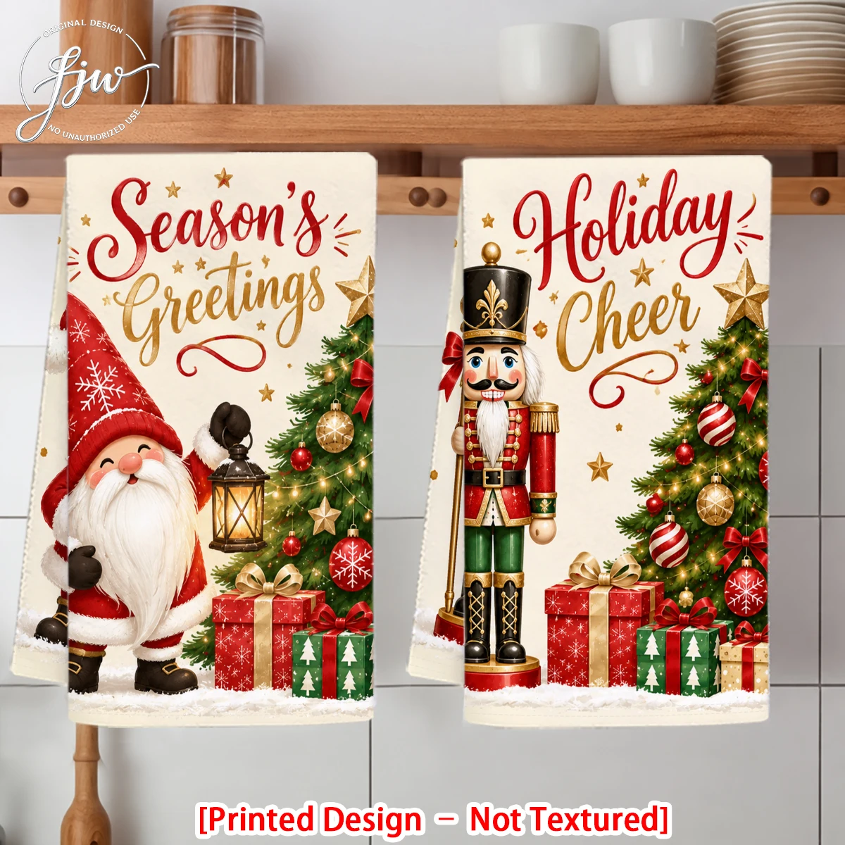 2pc Christmas Kitchen Towels Set, Festive Holiday Dish Towels with Cute Gnome Nutcracker Santa Designs for Xmas Home Decor