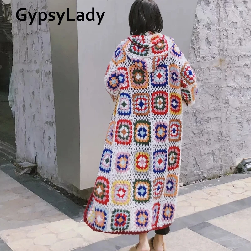 GypsyLady Handmade Knitted Sweaters Long Cardigan Hippie Boho Mohair Coat Long Sleeve Ethnic Chic Ladies Hooded Coats Autumn