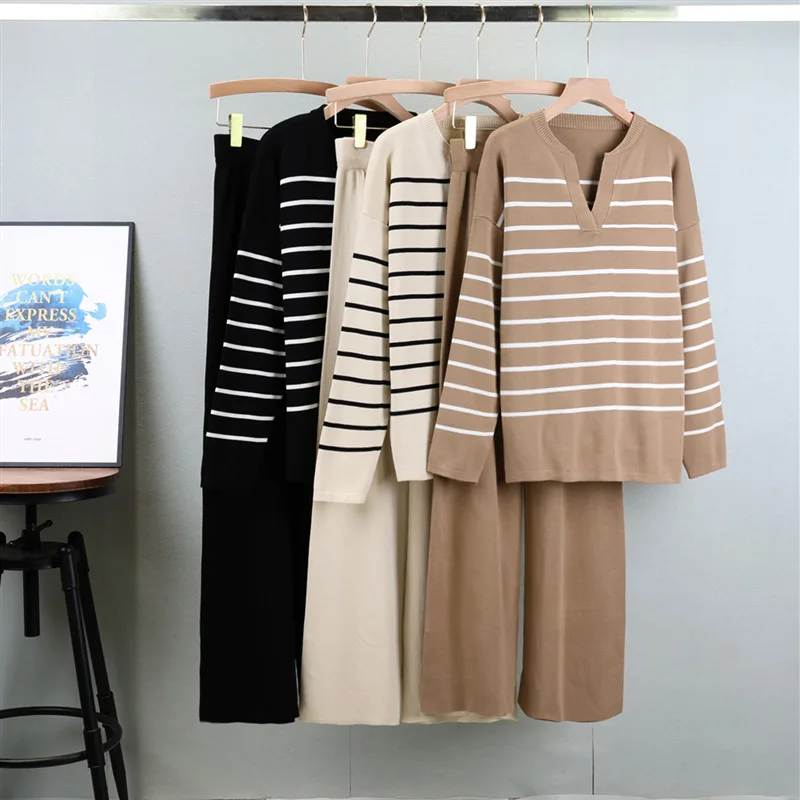 Striped Two Piece Sets Pant Set Women Knitted V Neck Full Sleeve Casual Tops Sweaters Wide Leg Long Pants Elastic Waist Autumn