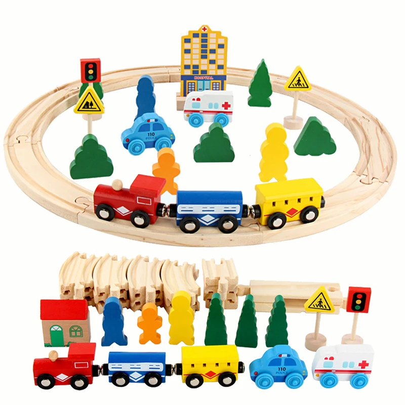 Wooden Train Track Highway Roundabout Set Wooden Railway Electric Magnetic Train Toy Wood Tracks Toys Kids Boys Birthday Gifts