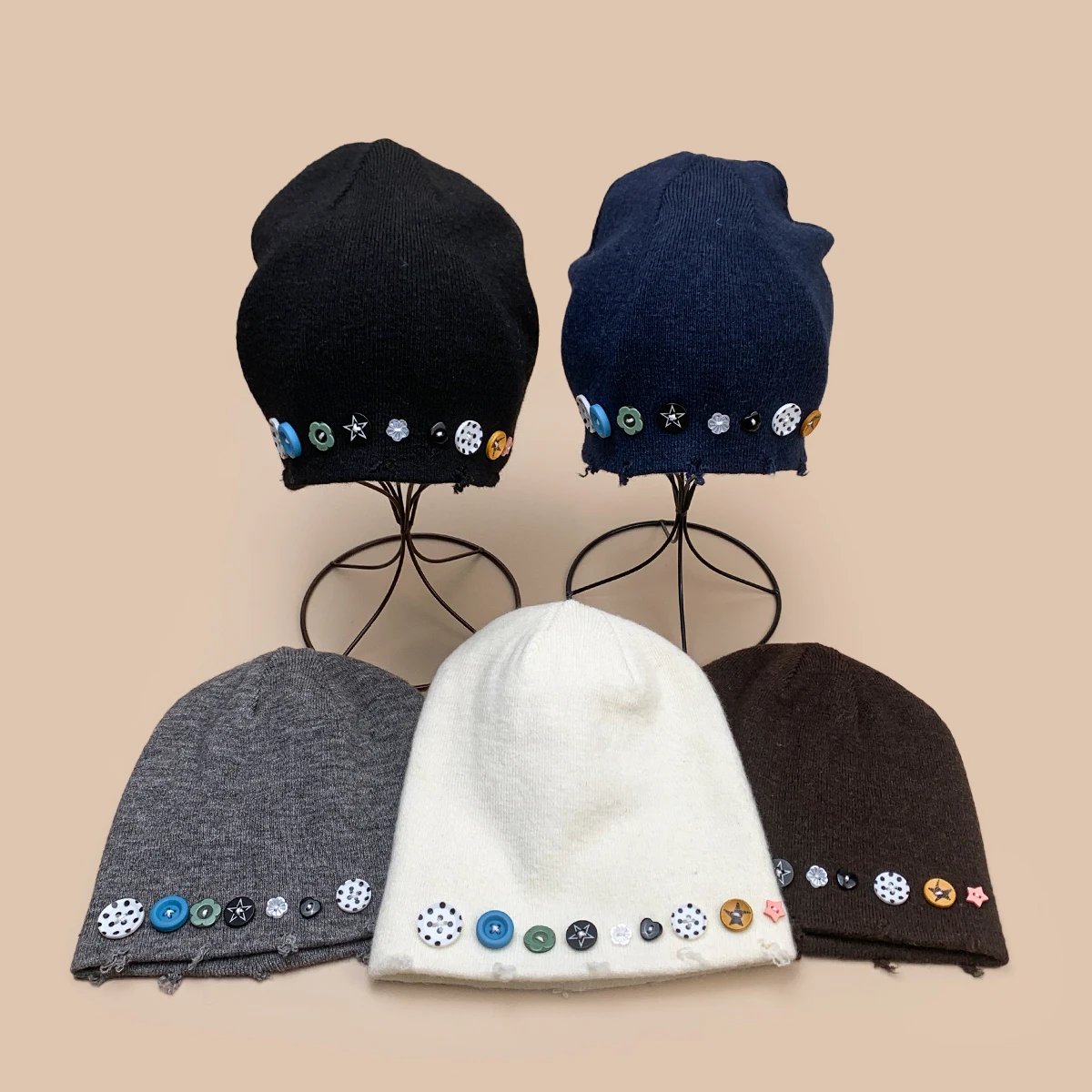 Korean Retro Colorful Buttons Knitted Hats New Men Women Warm Personal Versatile Niche Simple Fashion Broken Edge Ins Beanies