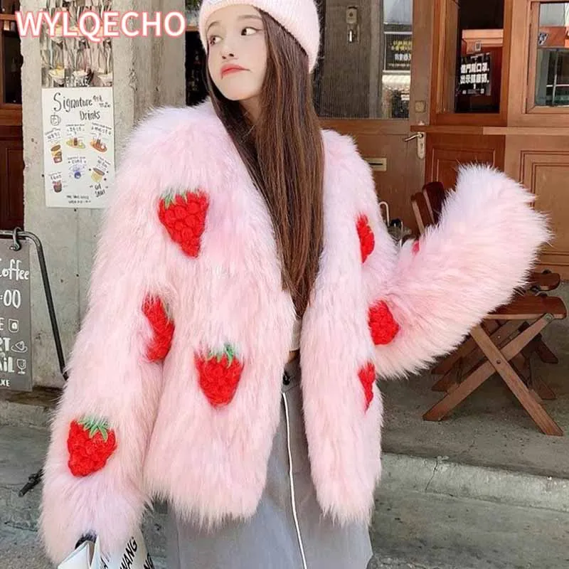 2023 Autumn Winter Pink Sweet Strawberr Faux Fur Coats Women Elegant Thick Warm Pink Plush Jacket Female Shaggy Outerwear