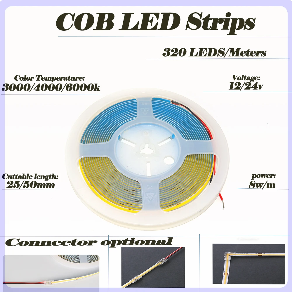 COB Led strip 320 Chips Dimmable Flexible High Quality Led Strip Factory Sale High Lumen Dots-free Led Strip Light