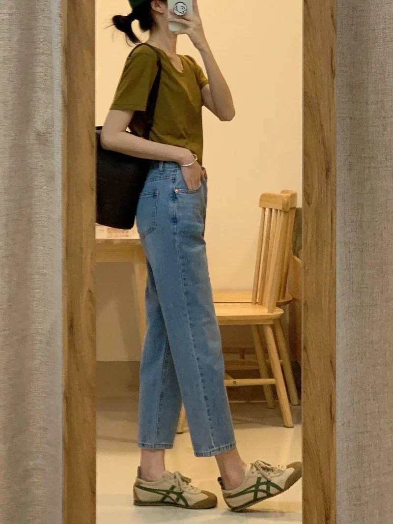 Celana jins wanita, celana jins Retro pinggang tinggi, celana ketat wanita, tipis, musim panas, celana lurus peramping, celana mode jalanan tinggi, desain