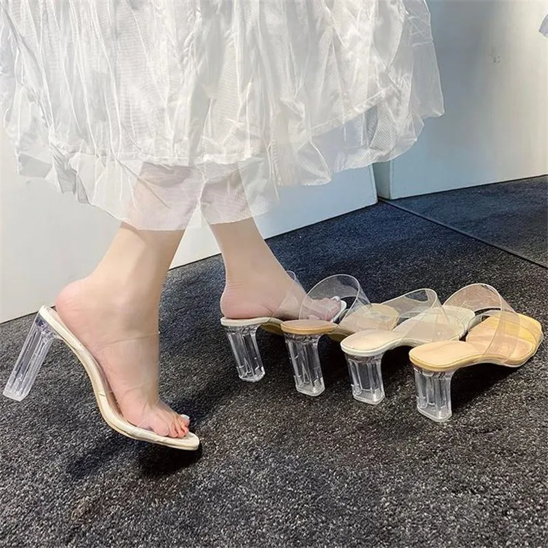 Transparent High Heels Women Square Toe Sandals Summer Shoes Woman Clear High Pumps Wedding Jelly Buty Damskie Heels Slippers