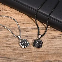 Carbon Fiber Square Neckalces for Men Boys,Simple Chessboard Color Stainless Steel Pendant Necklaces,New Stylish Jewelry