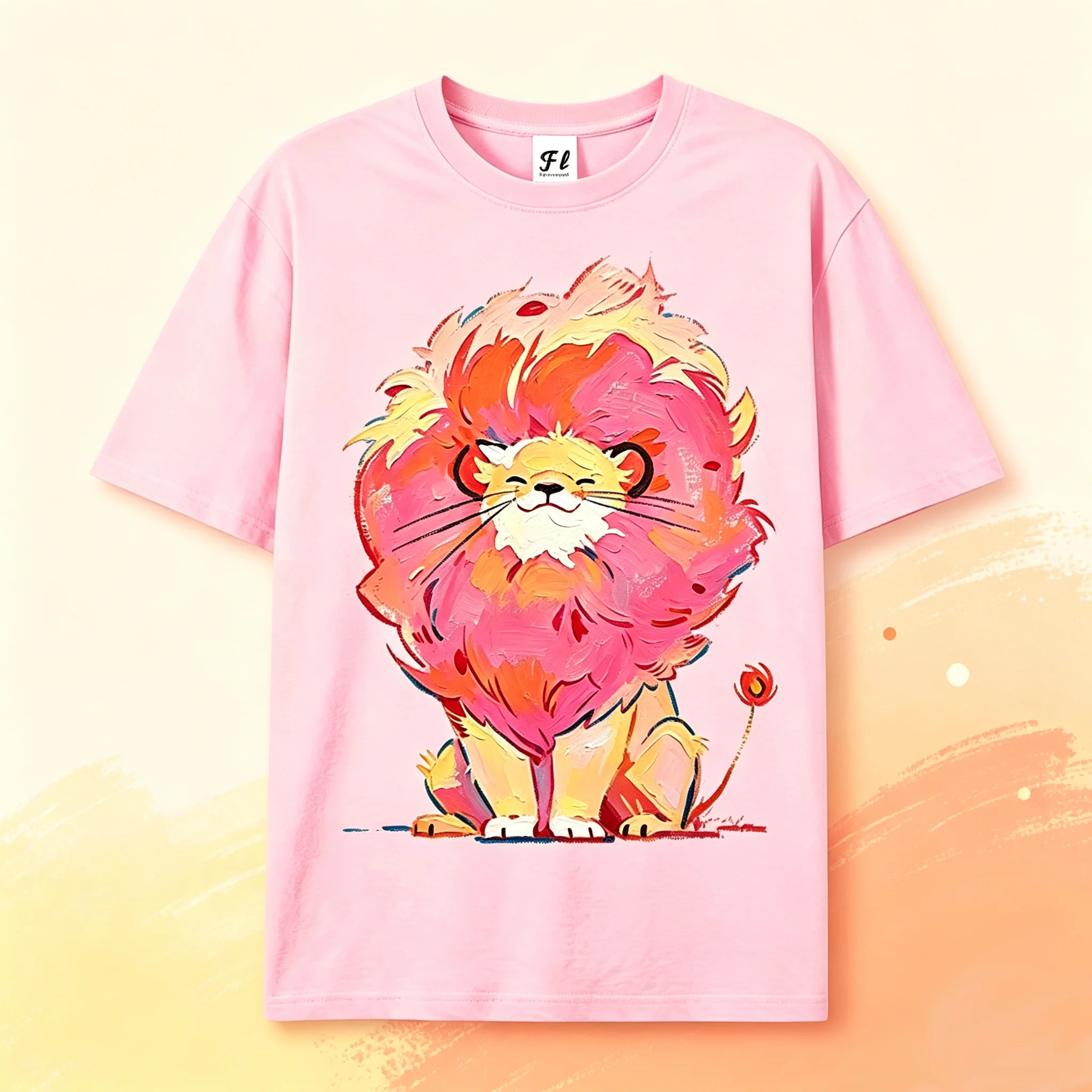Cute Pink Lion Oil Painting Graphic T‑Shirt Aesthetic Animal Print Short Sleeve Tee Casual Unisex Streetwear Crew Neck Tops