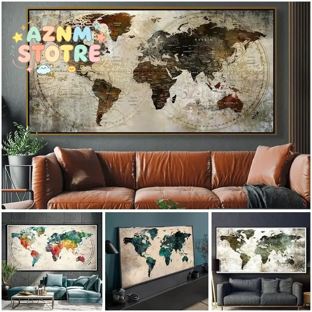 Modern World Map Canvas Art Decorative Poster for Living Room  Bedroom Walls Stylish Housewarming Gift