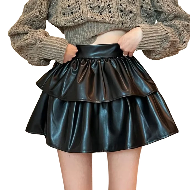 Women's PU Leather High Waist Pleated Mini Skirts Flared Short Skirt Nightclub Festival Rave Outfits