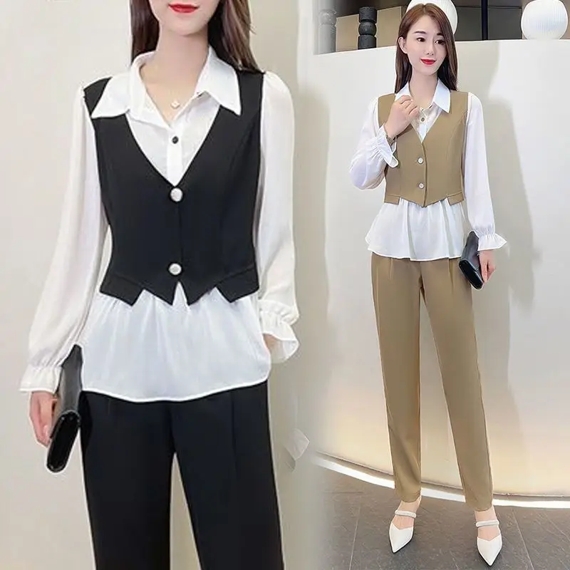 Fashion Suit Women\'s New Style Western-style Fake Two-piece Top Vest Shirt Shirt Temperament Slimming Two-piece Set