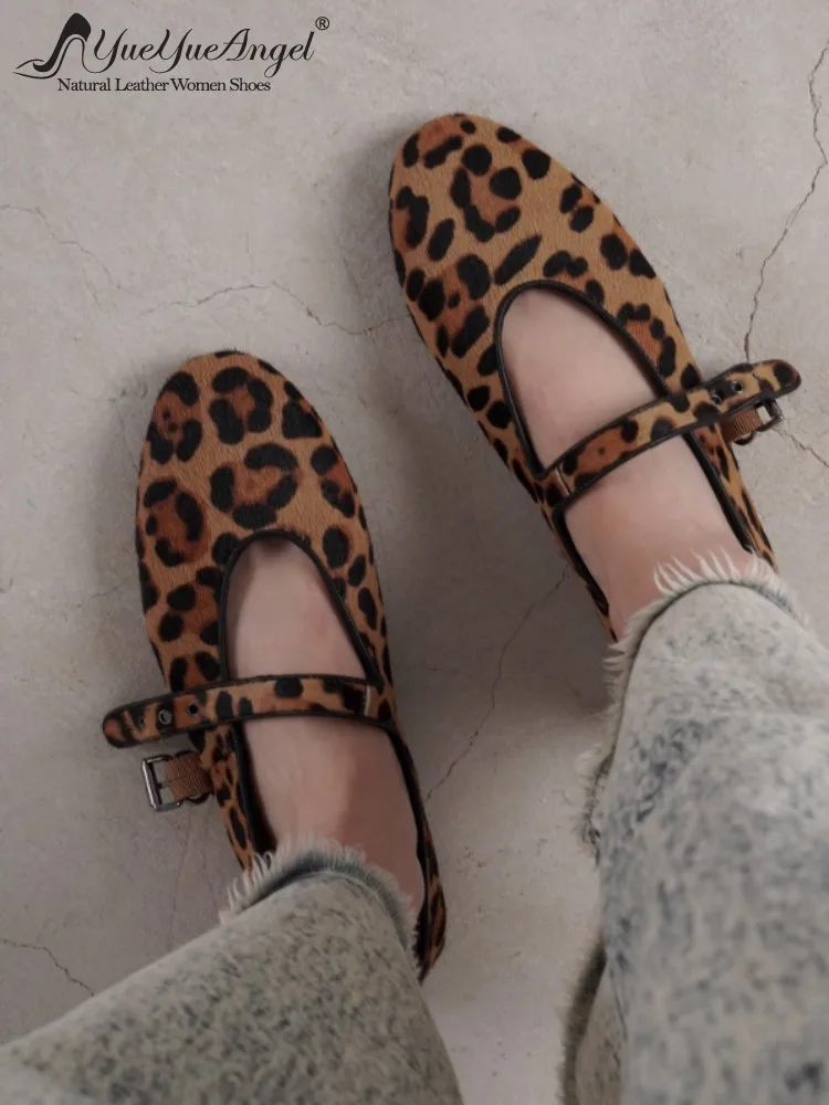 

Ladies Flat Mary Janes Round Toe Genuine Leather Comfortable Shoes Leopard Print Horsehair Shallow Daily Buckle Strap Fashion