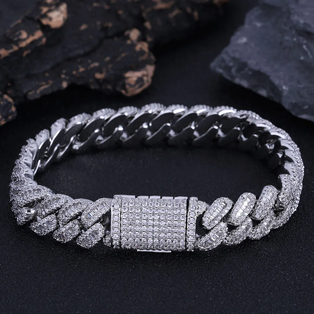 Hip Hop Jewelry Baguette Cuban Link Chain Iced Out Mixed Inlay Simulated Diamond Stones Bling 12mm Miami CZ Necklace Men's Gift