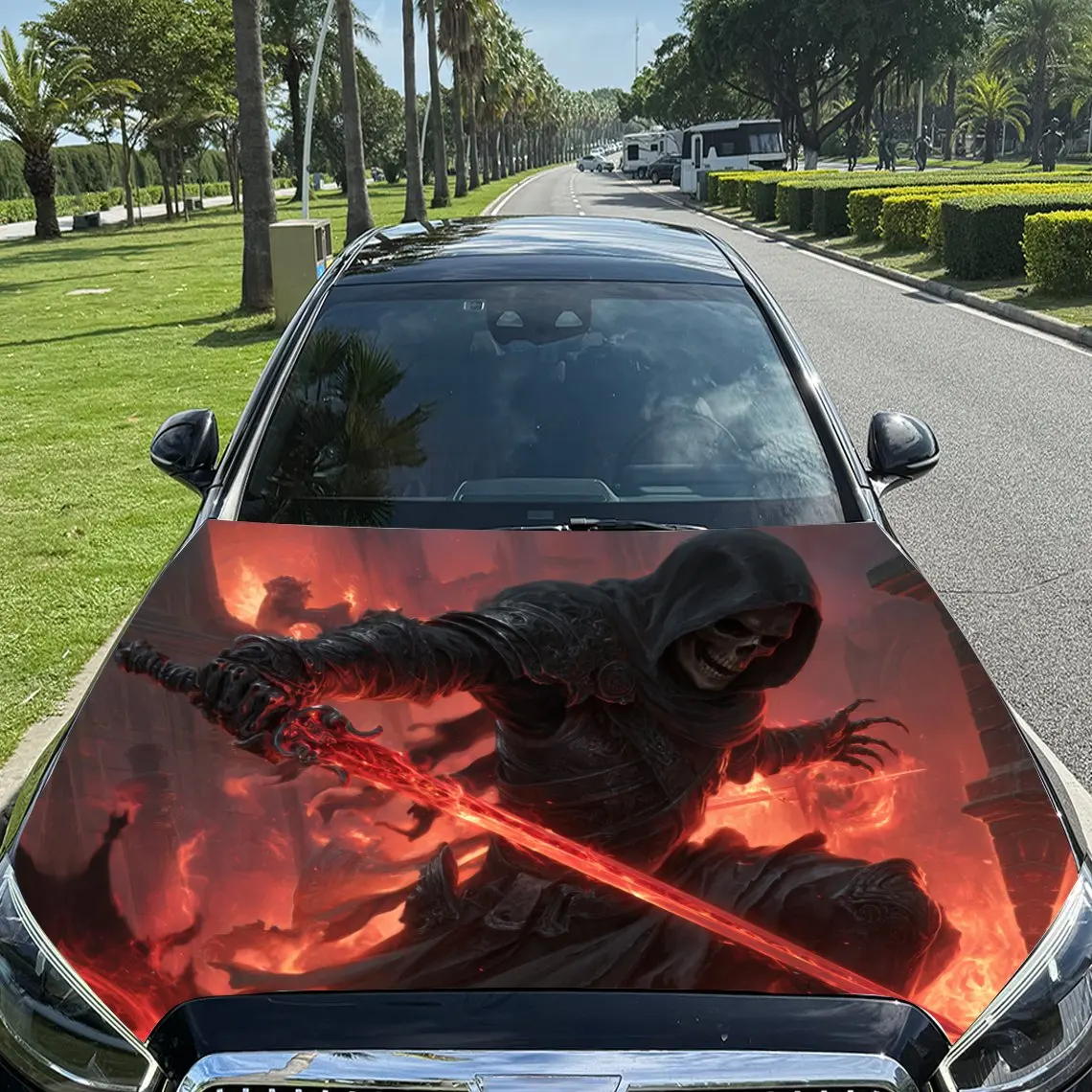 

Flame Reaper Wielding Sword Descends Car Vinyl Wrap, PVC Material Waterproof Car Hood Sticker, Self-Adhesive Scratch-Resistant S
