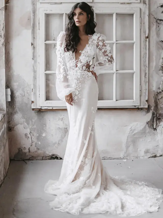 Customized Illusion Applique Wedding Dress Deep V-Neck Lace Backless Floor Length Train Full Sleeve Bridal Beach Dresses 2024