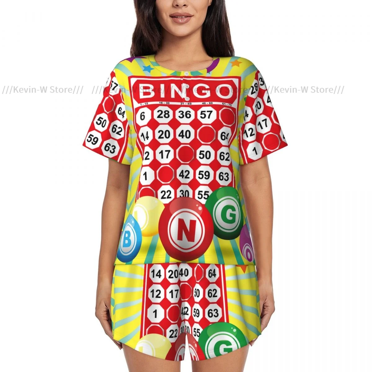 Women Pajamas Homewear Set Bingo Card And Ball Short-Sleeved Two-Piece Set Girl Nightwear Loungewear Sleepwear