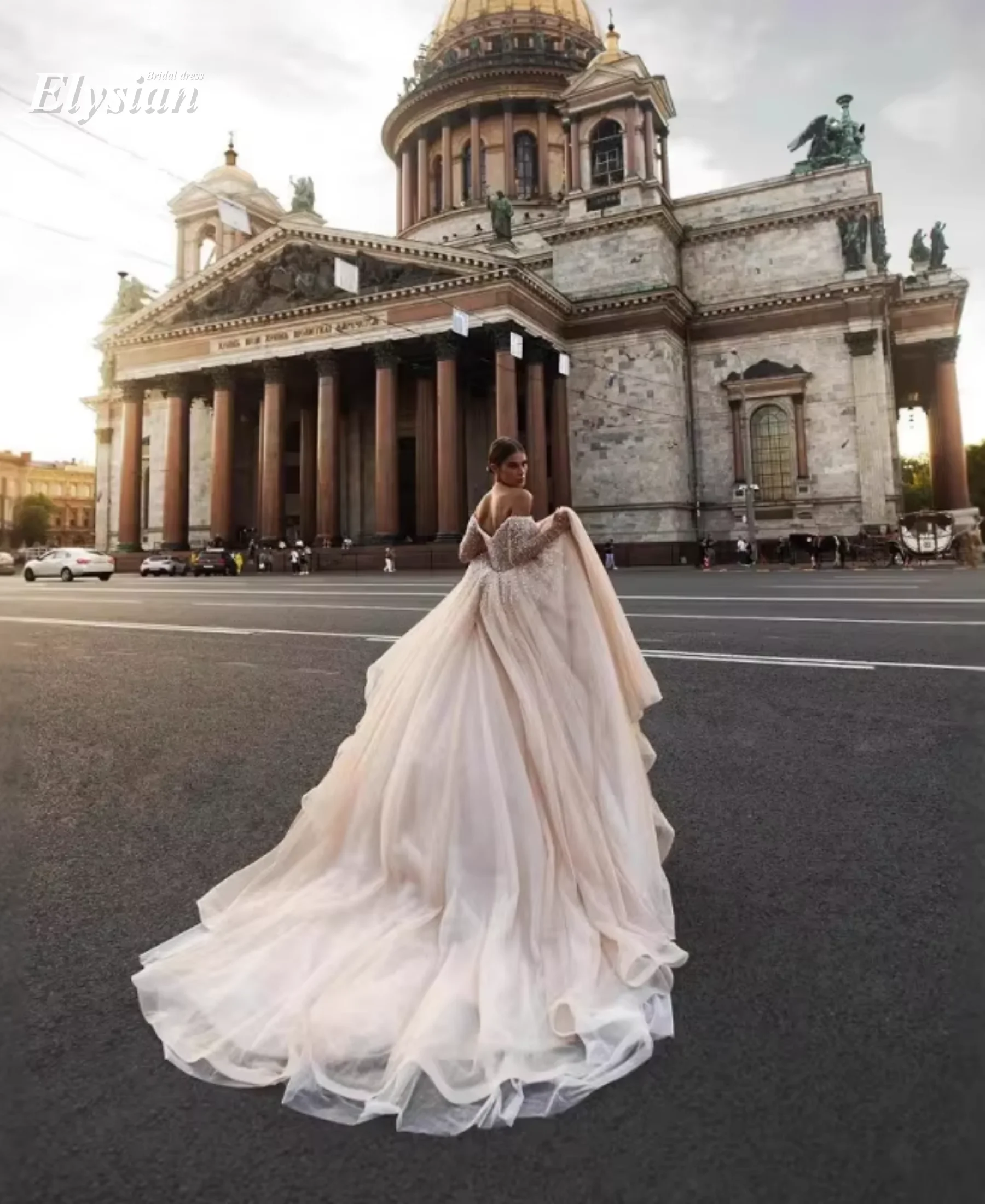 Customized Luxury Champagne Off Shoulder Wedding Dress Elegant Pearl Beaded Bridal Gown with A-line Plus Size Vestido de novia