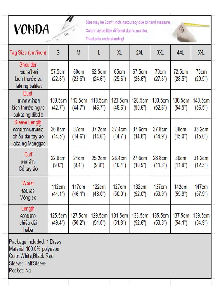 VONDA Plus Size Abiti lunghi eleganti Donna Autunno 3/4 Manica a lanterna Pieghettato Vestito estivo da festa Moda casual Abito lungo da sposa 5XL