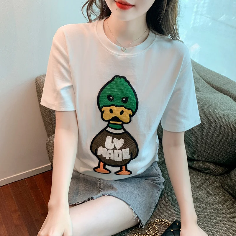 2023 Summer European Style Brushed Cotton T-Shirt Loose Women's Chic Sexy Cartoon Embroidery Letter Tops Short Sleeve Tees 34288