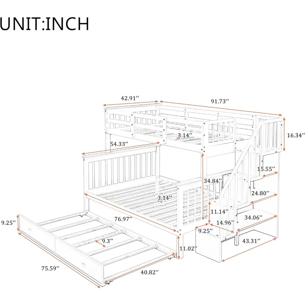 Tempat Tidur Susun Twin Over Full dengan Trundle Ukuran Twin, Tempat Tidur Susun Kayu dengan Tangga, Penyimpanan dan Rel Pelindung untuk Anak, Tempat Tidur Anak Susun