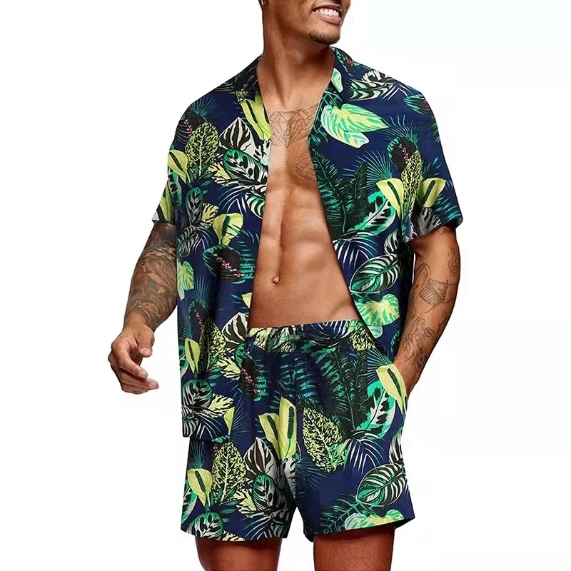 

Men Hawaiian Sets Summer Flowers Leaves 3D Print Short Sleeve Button Shirt Beach Shorts Two Set Casual Trip Mens 2 Piece Suit